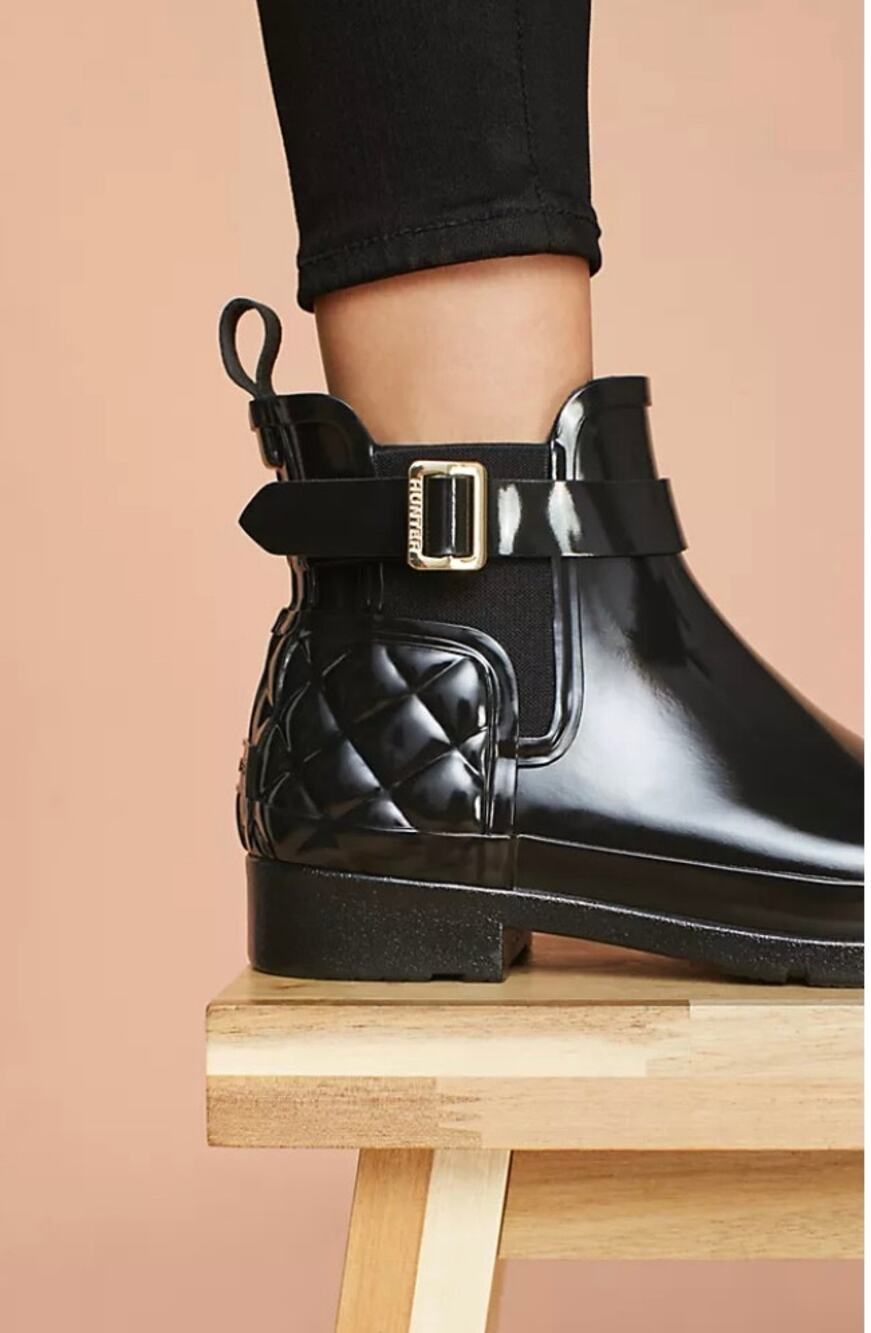 Hunter Womens 6 Black Quilted Chelsea Buckle Pull On Rubber Ankle Rain Boot NEW